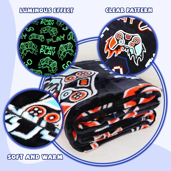 Glow in The Dark Video Gaming Blanket Soft Fuzzy Gamer Throw Blanket Boys Room Decor Game Gifts for Men Teens Couch Sofa Bedroom