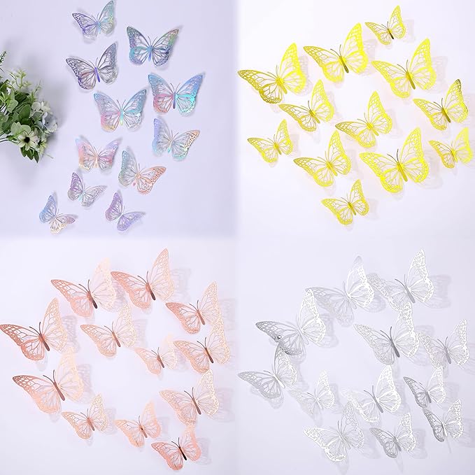 3D Butterfly Wall Decor 48 Pcs 4 Styles 4 Colors 3 Sizes,Gold Silver Laser Rose Butterfly Decorations for Butterfly Birthday Decorations Butterfly Party Decorations Cake Decorations,Removable Sticker