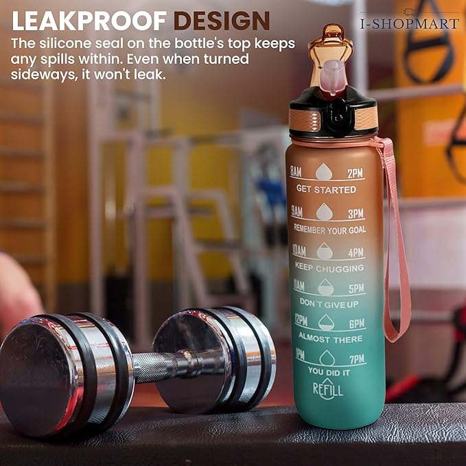 32oz Large Water Bottle with Motivational Time Marker - Sport Style with Deluxe Sip-Gulp Lid, Durable Tritan Plastic, Food Grade, Dishwasher Safe, Carry Strap (Orange-Green)