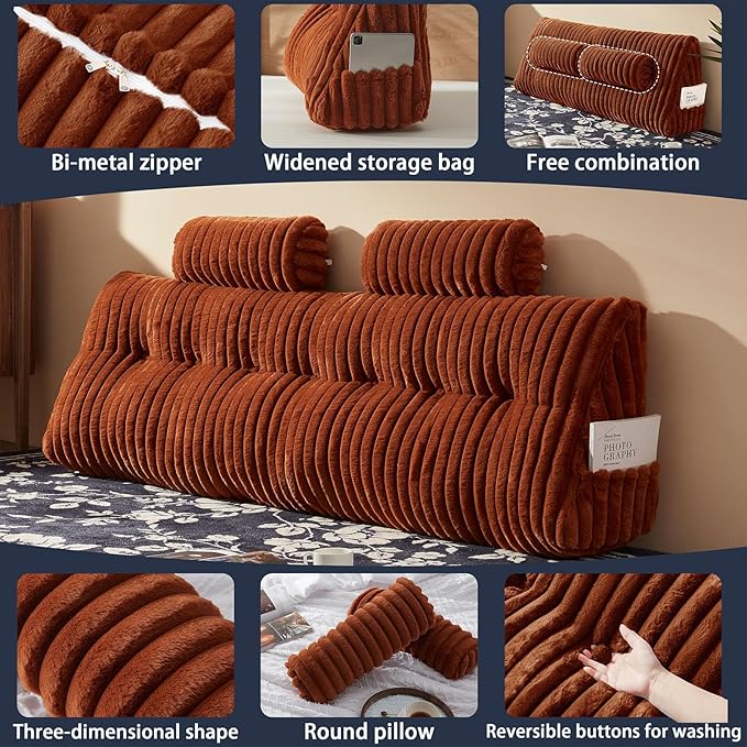 Faux Fur Headboard Pillow with 2 Pack Neck Roll Pillow Large Headboard Pillow Soft and Supportive with Removable Cover (Brown, King)