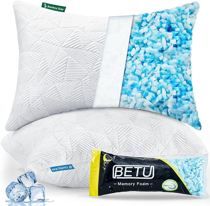 BETU Cooling Pillows Queen Size Set of 2, Shredded Memory Foam Cool Pillows for Hot Sleepers, Adjustable Firm Soft Support Bed Pillows Perfect for Back Neck Pain and Side Sleeping with Cover, White