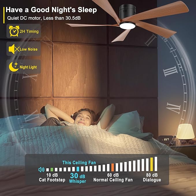 Ohniyou 52” Flush Mount Farmhouse Ceiling Fan with Lights, Remote & APP Control Low Profile Indoor Outdoor Ceiling Fans, Dimmable, Quiet DC Motor, Reversible, Black+Wood