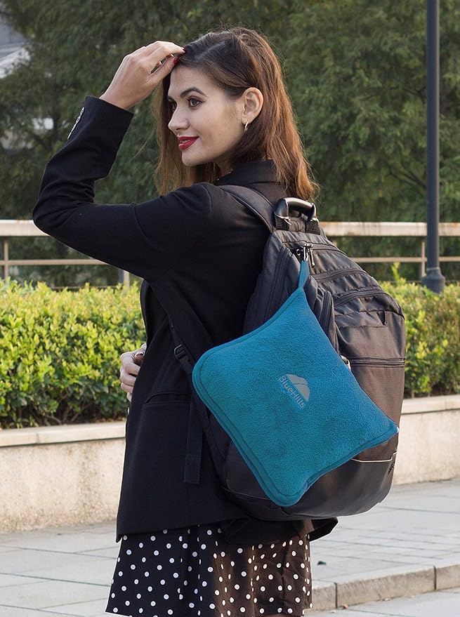 BlueHills Premium Soft Travel Blanket Pillow Airplane Blanket in Soft Bag case with Hand Luggage Belt and Carabiner Compact Pack Large Cozy Blanket for Plane Car Train Teal Blue T022