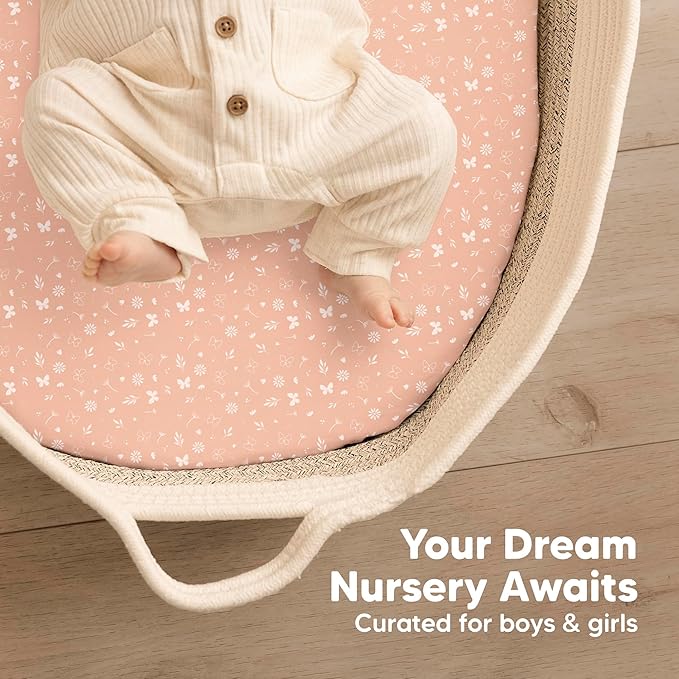 2-Pack Organic Bassinet Sheets for Girls, Boys - 100% Cotton Bassinet Mattress Sheets Compatible with Halo Bassinest Swivel Sleeper, Graco, Baby Delight, Chicco, Fitted Bassinet Sheets (Butterflies)