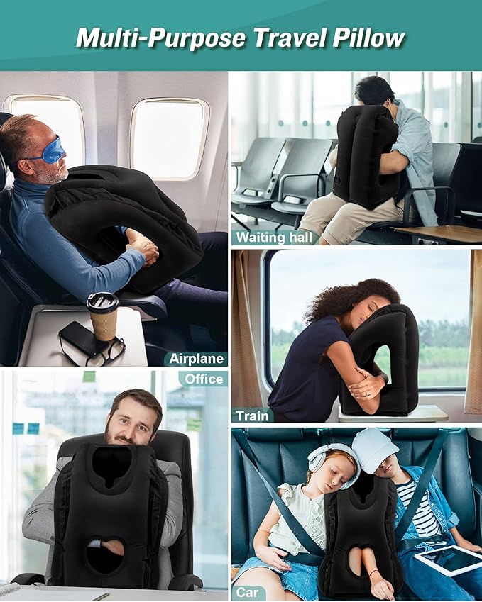 JefDiee Inflatable Travel Pillow, Airplane Neck Pillow Comfortably Supports Head and Chin for Airplanes, Trains, Cars Office Napping on The Tray Table (Black)