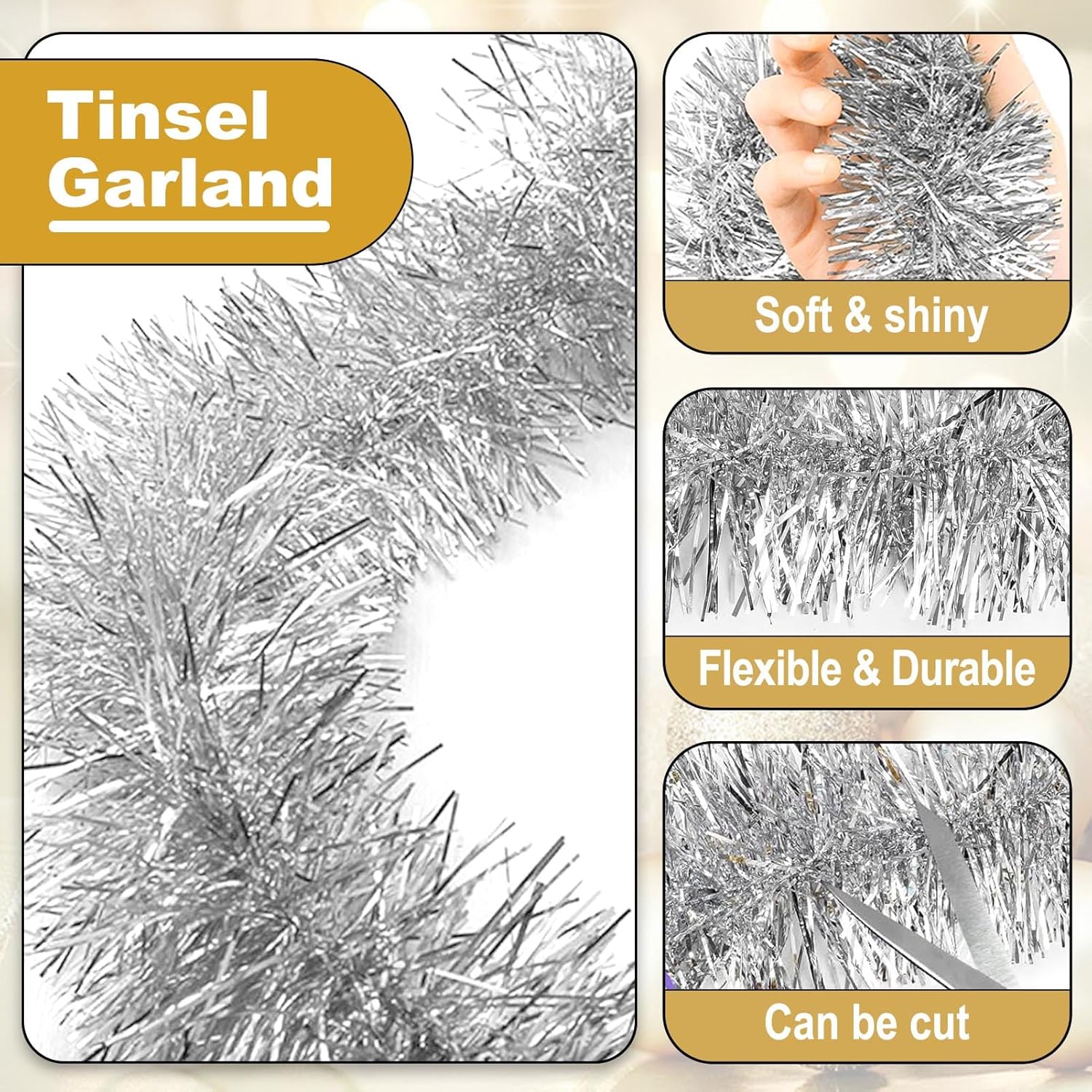 25 Feet Metallic Twist Tinsel Garland Wall Hanging Backdrop for Parade Floats, Christmas Eve, New Year, Valentine's Day Party Decorations (Silver, 4in x 25ft)