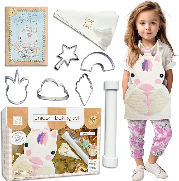 Hapinest Unicorn Cookies Baking Set for Kids Girls Real Baking Kit Gifts Ages 4 5 6 7 8 Years Old - Unicorn Apron, Unicorn Theme Cookie Cutters, Piping Bags and Tips, Cookie Dough Roller