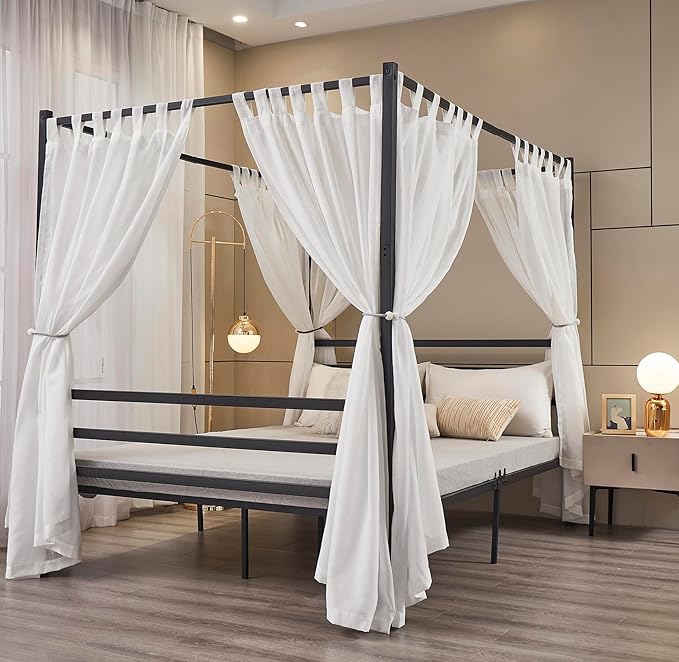 Mengersi Linen Canopy Bed Curtains for Twin,Full,Queen and King Size Bed,Bed Canopy Natural Blended Curtain Panels, 8 Panels Set (All Bed Sizes, White)