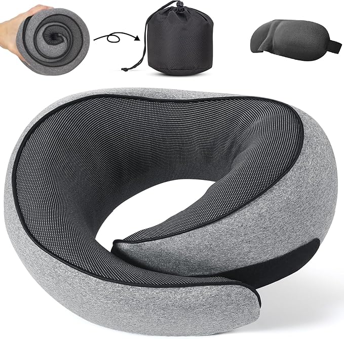 NOCRLG Travel Pillow, Travel Neck Pillow for Airplanes Car, 100% Pure Memory Foam Travel Pillow, Sleeping Essentials for Long Flight 360° Head Support Degree Comfort and Breathability Grey