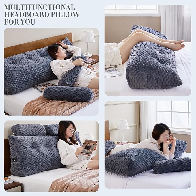 Wedge Headboard Pillow - Bed Wedge Pillow for Headboard Triangular Headboard Pillow with Neck Roll Pillow-Large Bolster Pillow for Sitting in Bed Backrest Positioning Support (Grey,54x8x20 Inches)