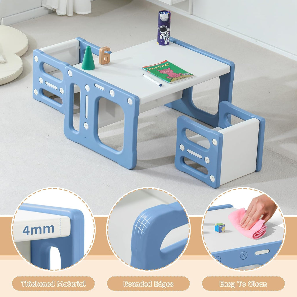 3 in 1 Montessori Weaning Table and 2 Chairs Set, Kids Activity Table Set, 2 Height Levels, Toddlers Activity Table for Drawing, Dining, Reading and Playing, Blue