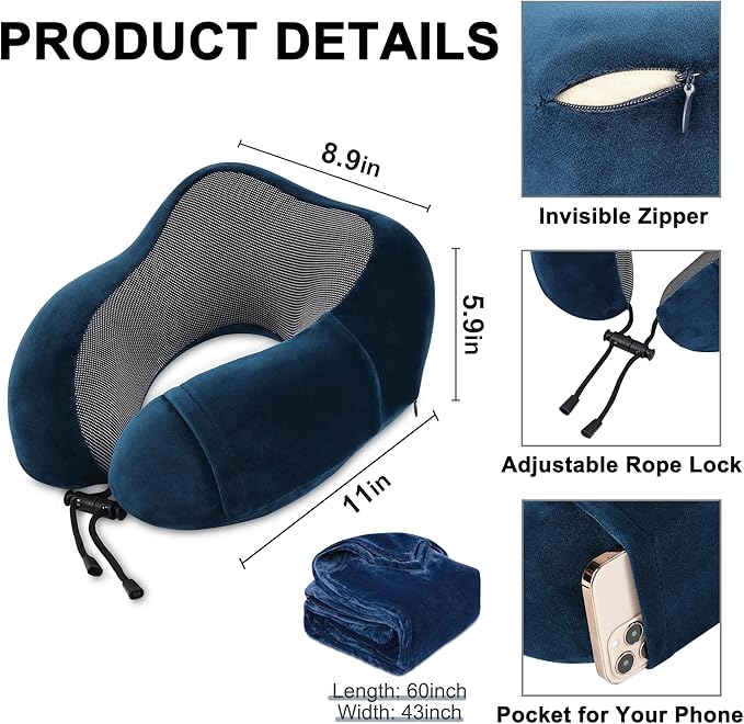 Travel Pillow and Blanket Set Neck Pillow Airplane Memory Foam for Traveling Compact with Bag Navy