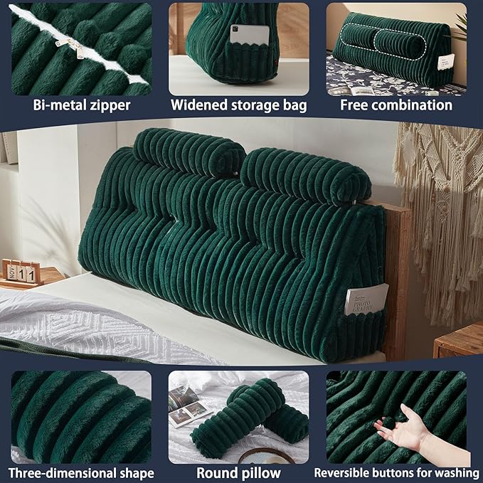 Faux Fur Headboard Pillow with 2 Pack Neck Roll Pillow Large Headboard Pillow Soft and Supportive with Removable Cover (Green, Queen)