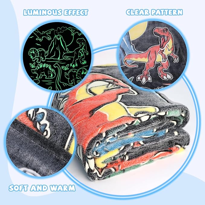 Glow in The Dark Dinosaur Blanket Toddler Boy Kids Dino Present Gifts Soft Fuzzy Fleece Throw Blanket Decorations for Couch Sofa Bedroom