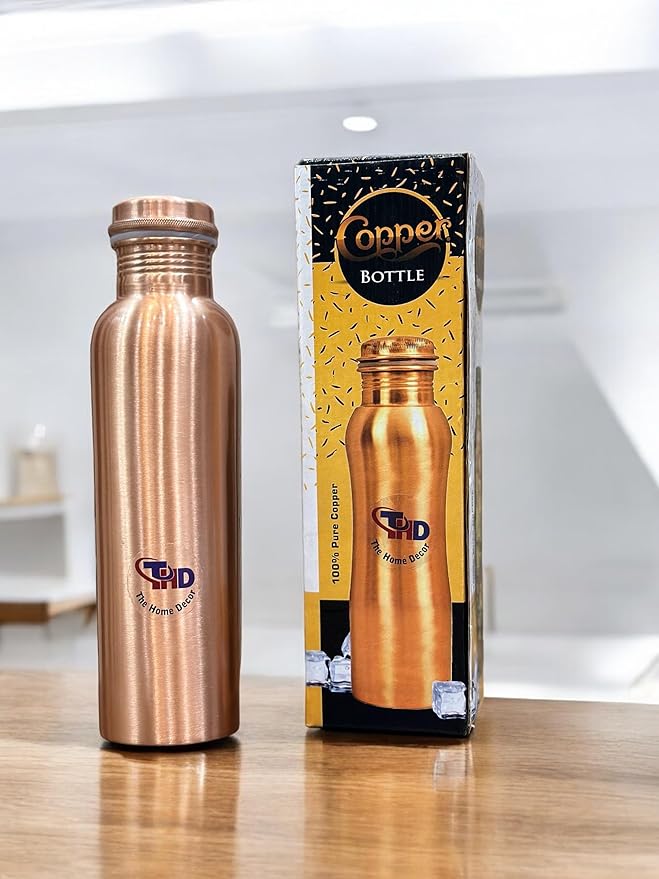 34Oz Pure Copper Water Bottle for Drinking Large Handcrafted Ayurvedic Copper Water Bottle, Leak Proof Lid Smooth Finish Water Vessel Copper Drinking Water Bottle 34Oz (Smooth Finish)