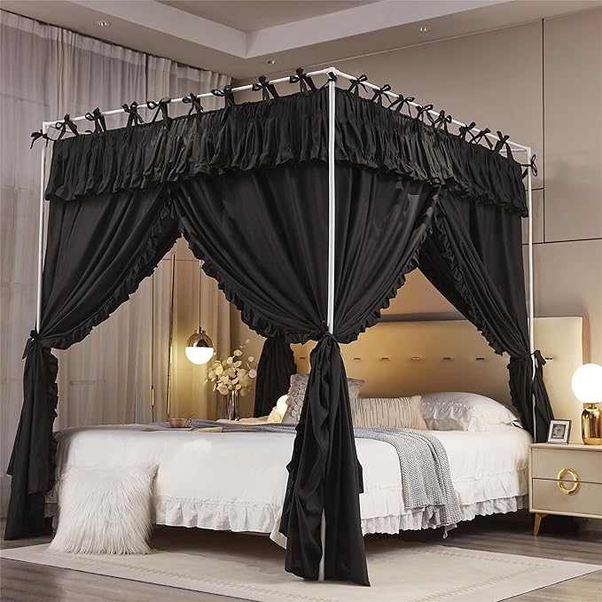 4 Corners Post Princess Ruffle Curtain Bed Canopy Lace Up Elastic Cozy Breathable Tent Mosquito Net for Girls Bedroom Decoration(Black, 70-78" W*86" L*82" H/King)