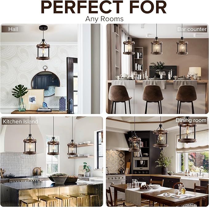 MO&OK Set of 3 Chandelier Vintage Pendant Light Fixture, Wood Color Farmhouse Wooden Metal Chandeliers, Open Frame Hanging Lighting for Diningroom,Bar,Entrance Hall,Kitchen Island H10.6 xD6.7