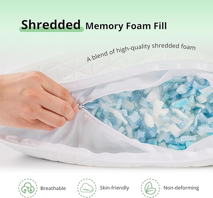 Comfort Shredded Memory Foam Pillows, Adjustable Bed Pillows for Side, Back or Stomach Sleepers, Neck Pillows for Sleeping, Queen Size Pillow with Removable Cover (2 Pack, Adjustable)