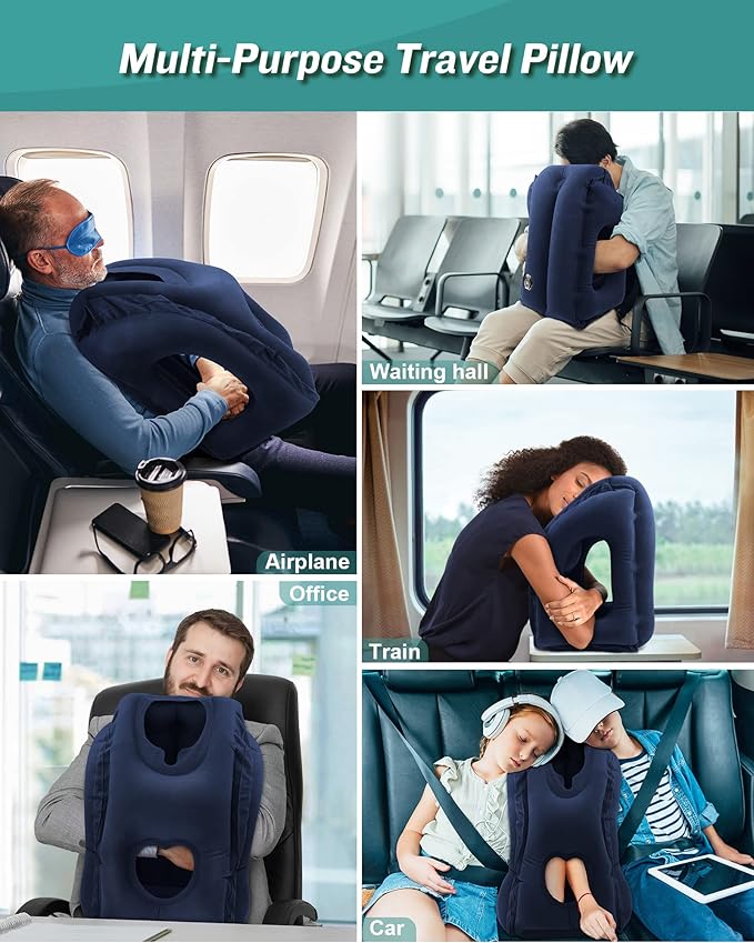 JefDiee Inflatable Travel Pillow, Airplane Neck Pillow Comfortably Supports Head and Chin for Airplanes, Trains, Cars and Office Napping with 3D Eye Mask, Earplugs and Portable Drawstring Bag (Blue)