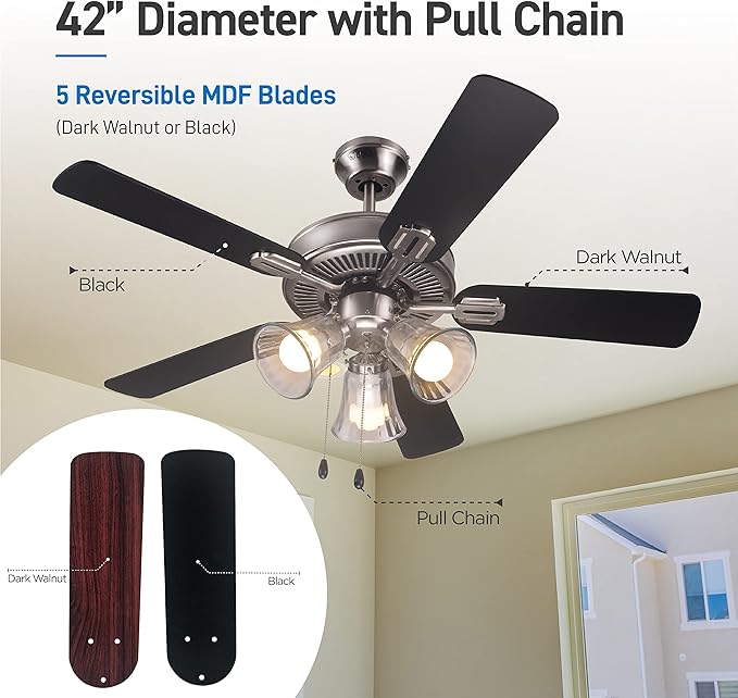 COMMERCIAL COOL 42” Contemporary Ceiling Fan with Lights, Cools up to 175 Sq. Ft., Ideal for Medium Sized Rooms, Equipped with Dual Chain, 5 Reversible Dual Finish Blades in Dark Walnut & Grey