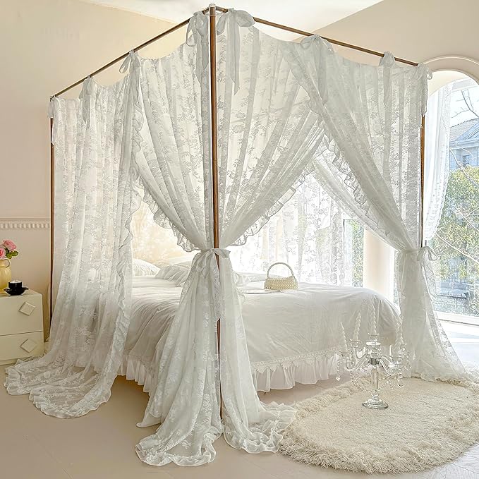 Mengersi Canopy Bed Curtains with Tie Backs,Bed Canopy Curtains Bed Drapes Sheer Curtains for Bedroom Decor（California King,White