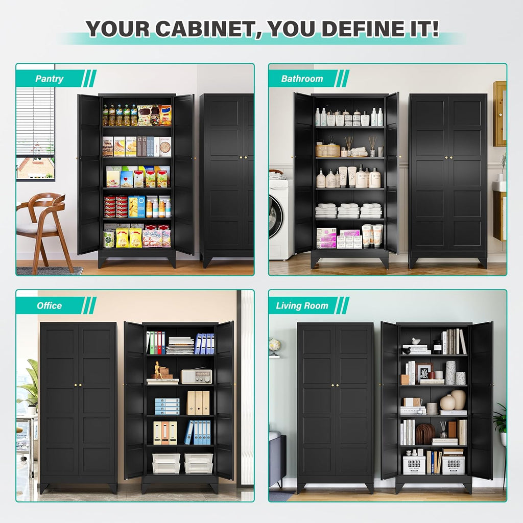 Metal Storage Cabinets with 2 Doors and 5 Shelves,Tall Storage Cabinet,Large Cupboard Closet,Pantry Storage Cabinet for Home,Office,Bathroom,Dining/Living Room (Black, 72" H)