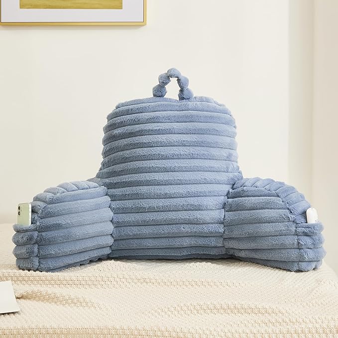 Faux Fur Fluffy Dusty Blue Reading Pillow with Pockets, Luxury Striped Plush Decorative, Arm Rests and Back Surport for Bed Rest, Lounging on sofa, Large