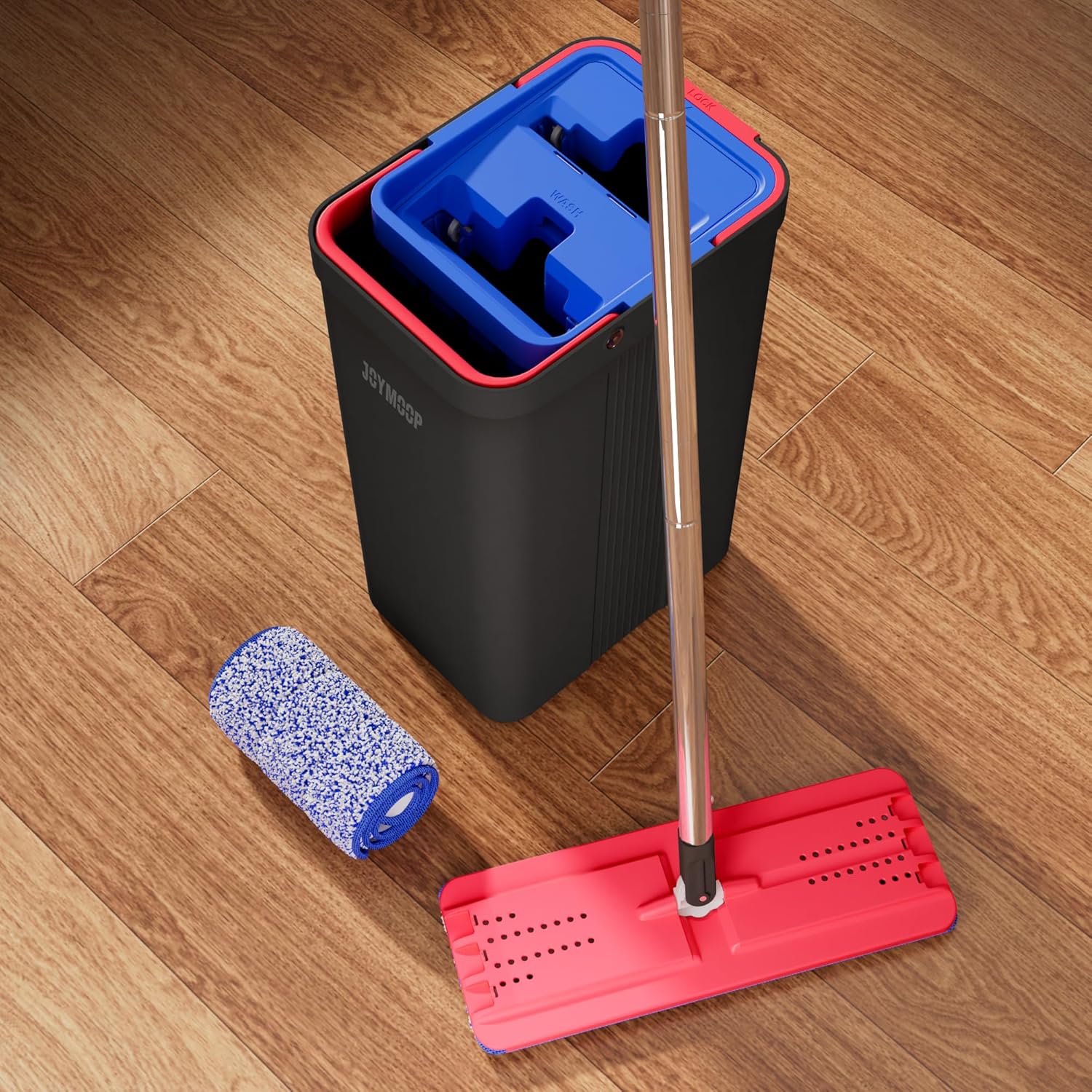 JOYMOOP Mop and Bucket with Wringer Set, Hands Free Flat Floor Mop and Bucket, with 4 Washable Microfiber Pads, Wet and Dry Use, Floor Cleaning System - Black+Red+Slate Blue