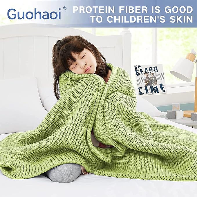 Knitted Weighted Blanket(Light Green 60"x80" 15lbs),Home Décor Cooling Throw Blanket for Hot Sleepers,Hand Made Chunky Knit Heavy Blanket for Adults Use on Queen/King Size Bed