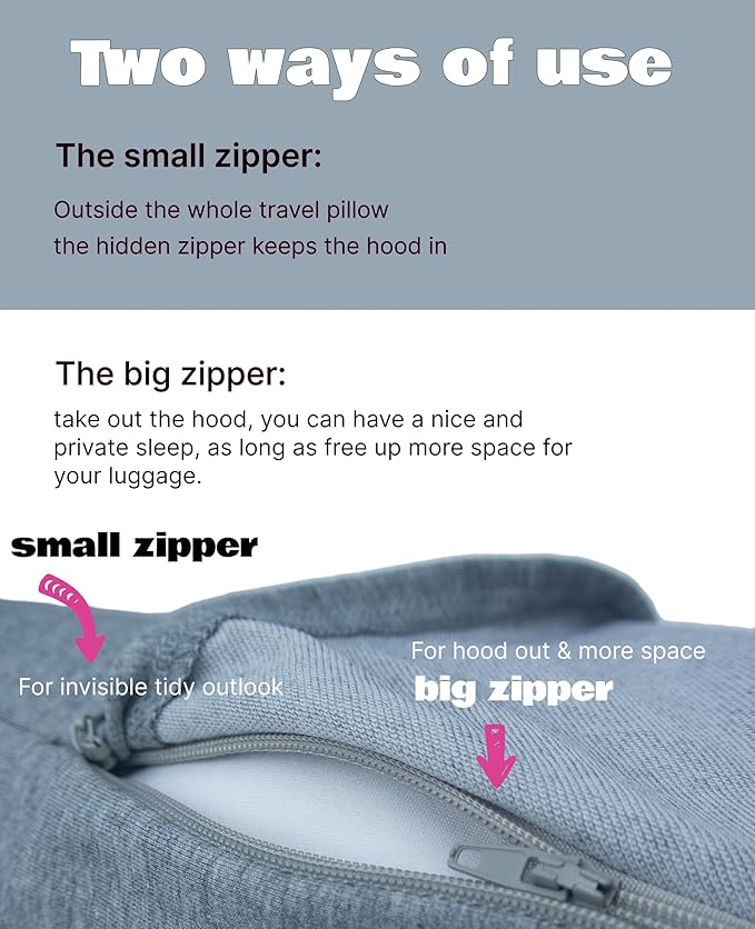 Stuffable Travel Pillow Holds Extra Cloth,Light Blocking 2-Way Hood, Collapsible Cotton Neck Pillow for Airplane Train and Long Trip Carry (Gray)
