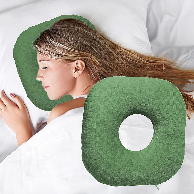 Ear Piercing Pillow for Side Sleepers, Pillow with an Ear Hole for CNH and Ear Pain Ear Inflammation Pressure Sores, O-Shaped Side Sleeping Pillow, Ear Guard Pillow(Dark Green)