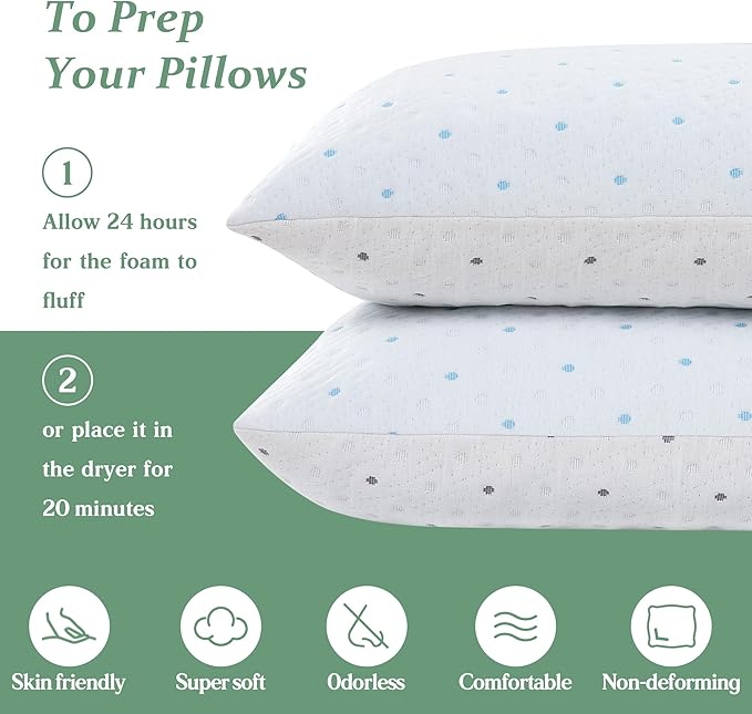 Cooling Standard Pillows Set of 2 Adjustable Height & Firmness Shredded Memory Foam Bed Pillows for Sleeping with Soft Cover Sleeping Pillows for Adults for Side Back Stomach Sleeper