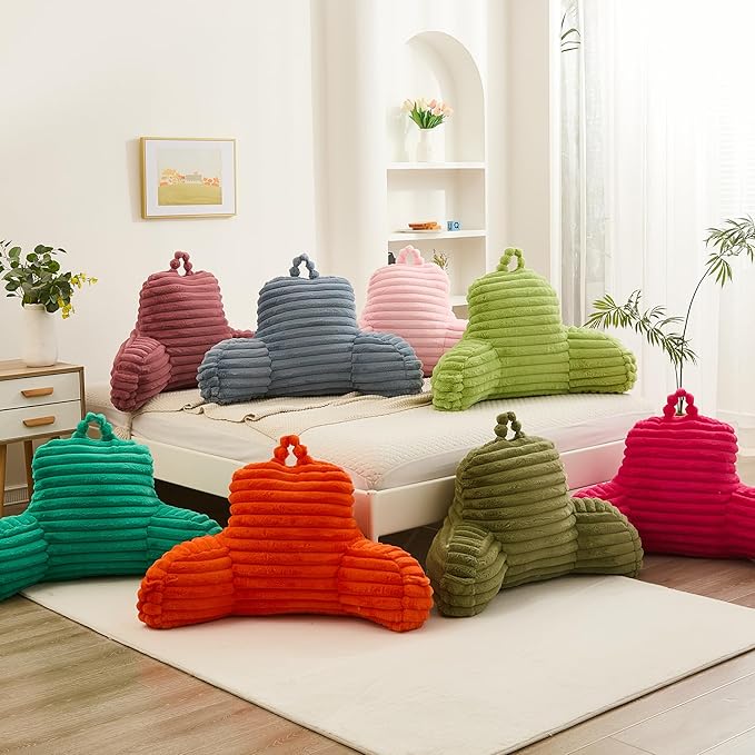 Faux Fur Fluffy Emerald Reading Pillow with Pockets, Luxury Striped Plush Decorative, Arm Rests and Back Surport for Bed Rest, Lounging on sofa, Large