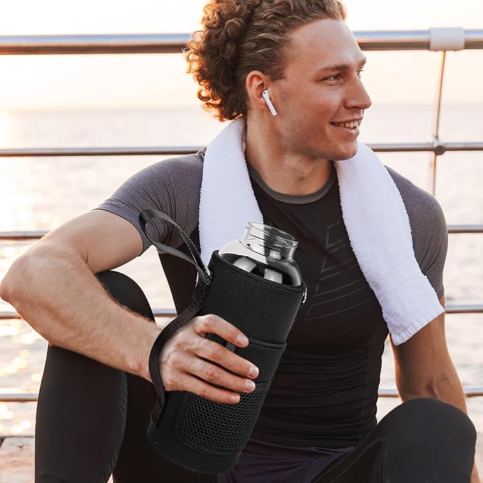 48 oz Sports Borosilicate Glass Water Bottle with Bamboo Lid with Neoprene Sleeve