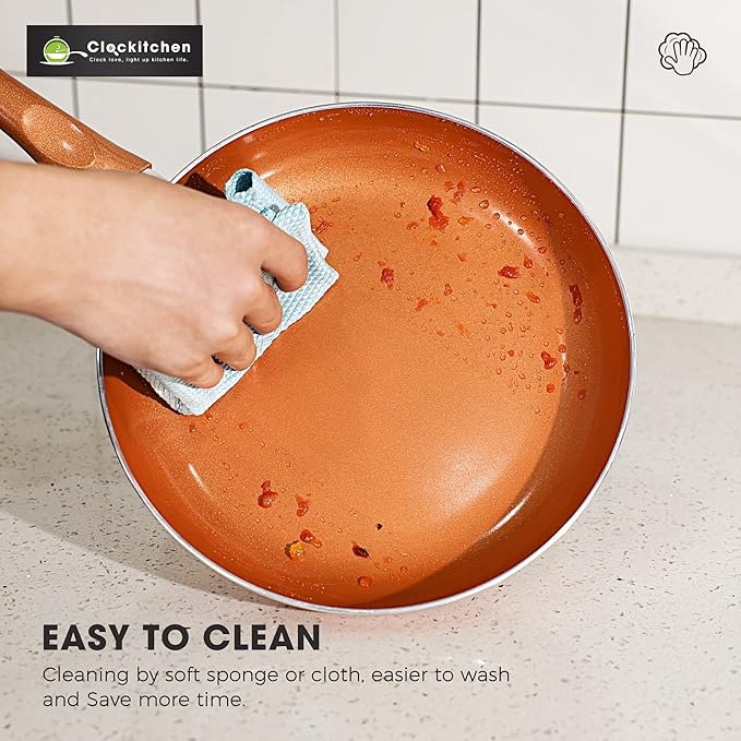 Clockitchen Non Stick Pots and Pan Set, 10pcs Cookware Set with Ceramic Coating, Non-toxic Pan Set Compatible with All Stoves, Dishwasher Safe, Copper