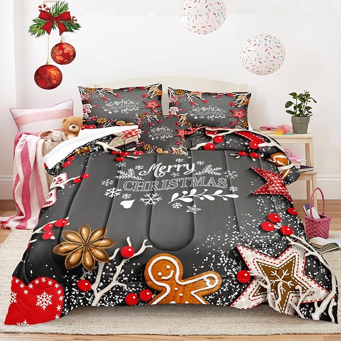 Bedbay Christmas Bedding Queen Christmas Comforter Set Cartoon Gingerbread Man Printed Xmas Themed Bedding 4-Piece Xmas Comforter Set Christmas Decorations(Christmas,Queen)