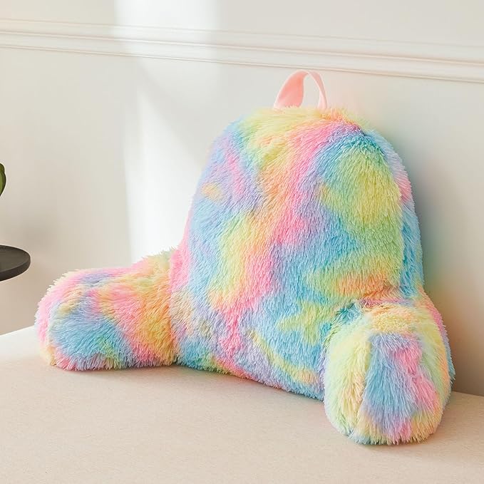 XeGe Fluffy Back Support Pillow Cover for Bed (No Filler), Tie Dye Faux Fur Backrest Pillow Case, Furry Reading Pillow Cover with Arms Adults Kids Girls, Fuzzy Sit Up Study Pillow for Floor, Rainbow