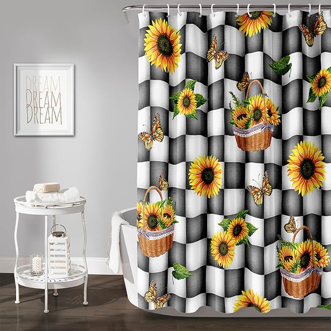 AILONEN Sunflower Shower Curtain for Bath Curtain,Black and White Grid Butterfly Bath Curtain,Garden Flower Yellow Floral Waterproof Shower Curtain 72" W x 96" H