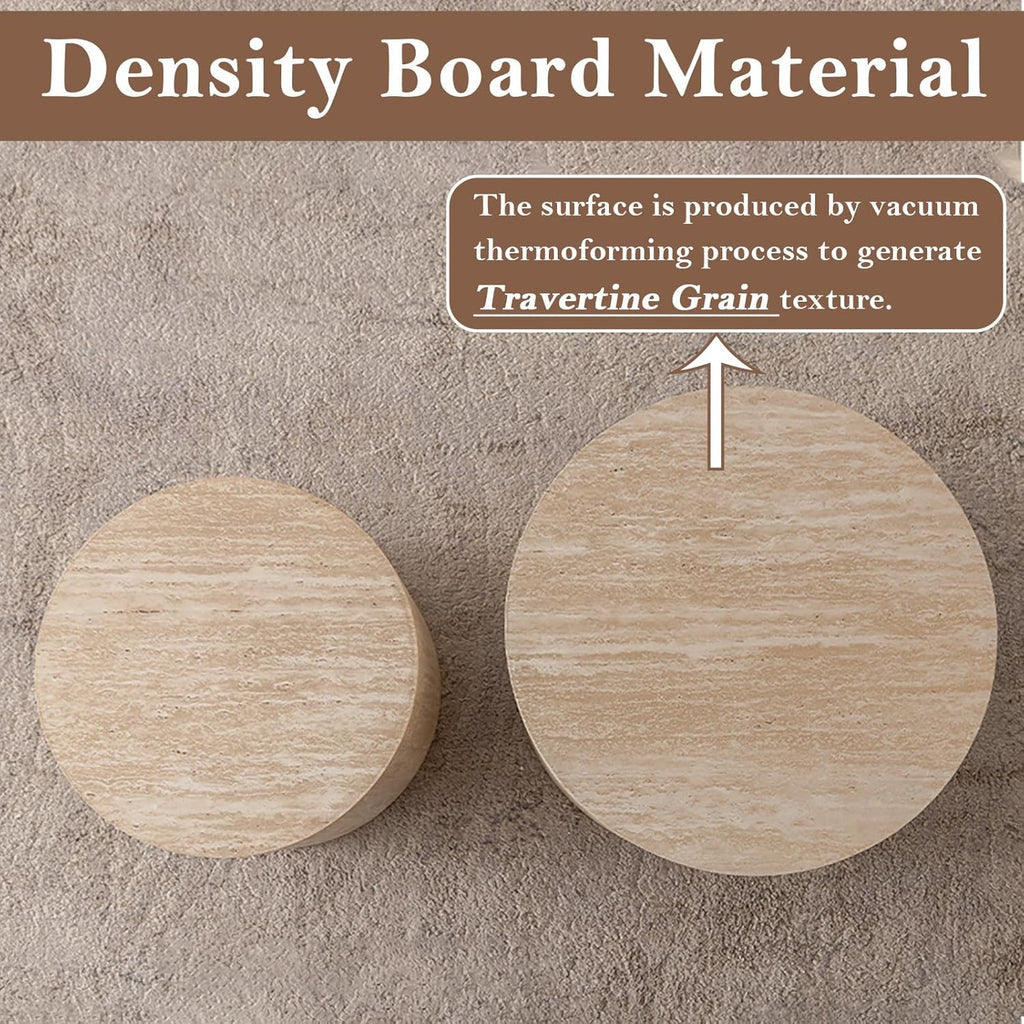 Round Nesting Coffee Table Set of 2 Modern Round Fluted Coffee Table Small Circle Coffee Tables Circular Side Table End Table Nested Coffee Tables for Living Room (Travertine 18in)