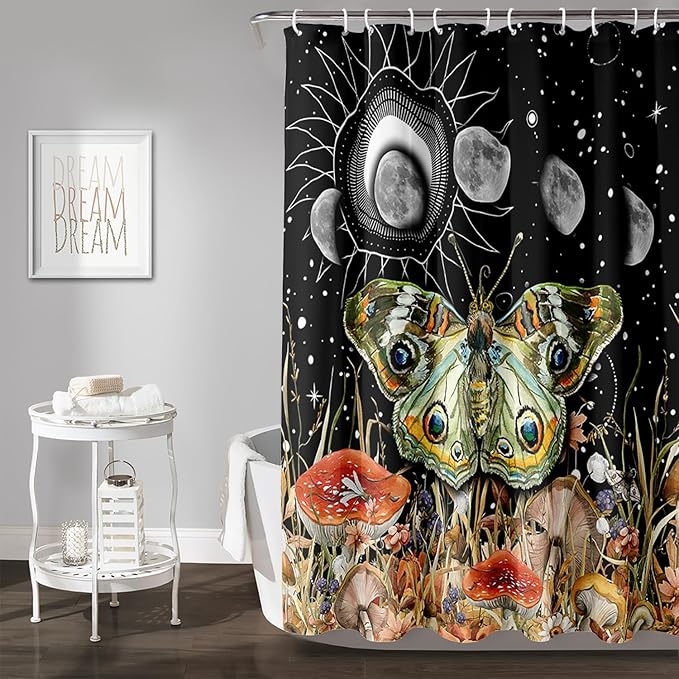 AILONEN Moth Shower Curtain,Sun and Moon Shower Curtain Set for Kids Girls Boys,Boho Natural Mushroom Plants Bath Curtain,Starry Night Bathroom Decor Shower Curtain with 12 Hooks,72" W*78" H