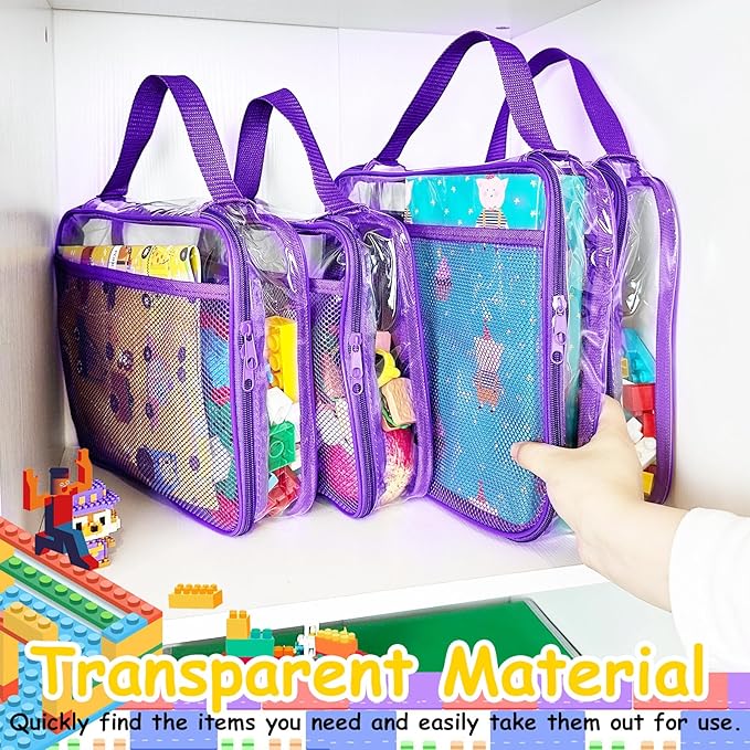 4 Packs PVC Toy Zippered Blocks, Travel Storage Case Bags for Organizing, Waterproof Toy Storage Bags with Mesh Pockets for Building Blocks, Puzzles, Clays,Toy Cars 13.3"Lx3" Wx10.4" H (Purple).