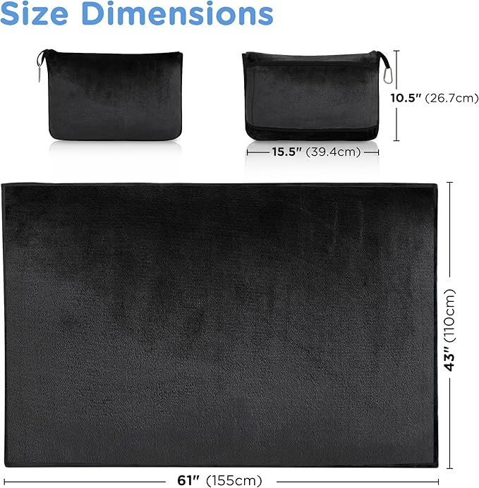 ATsense Travel Blanket Pillow, Premium 2 in 1 Soft Airplane Blanket Compact with Bag Pillowcase, Hand Luggage Sleeve and Backpack Clip - Travel Essentials for Long Trips, Flying and Car, Black