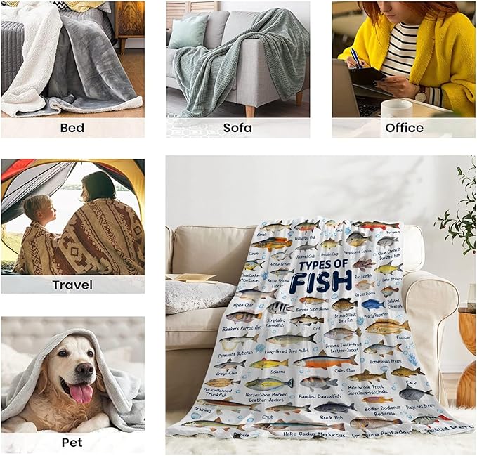 Fish Throw Blanket,Types of Fish Blanket Fish Blanket Gifts,Ultra Soft Lightweight Flannel Blankets Warm Fuzzy Cozy Plush Blankets for Couch Sofa Bed Living Room,Kids Size-40"x50"