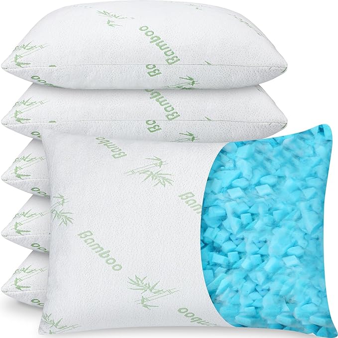 Suzile 6 Pack Shredded Memory Foam Pillows Standard Size Bulk 20 x 26 Inch Adjustable Hotel Bed Pillows Set for Neck and Shoulder Pain with Washable Cover for Side Back Stomach Sleepers