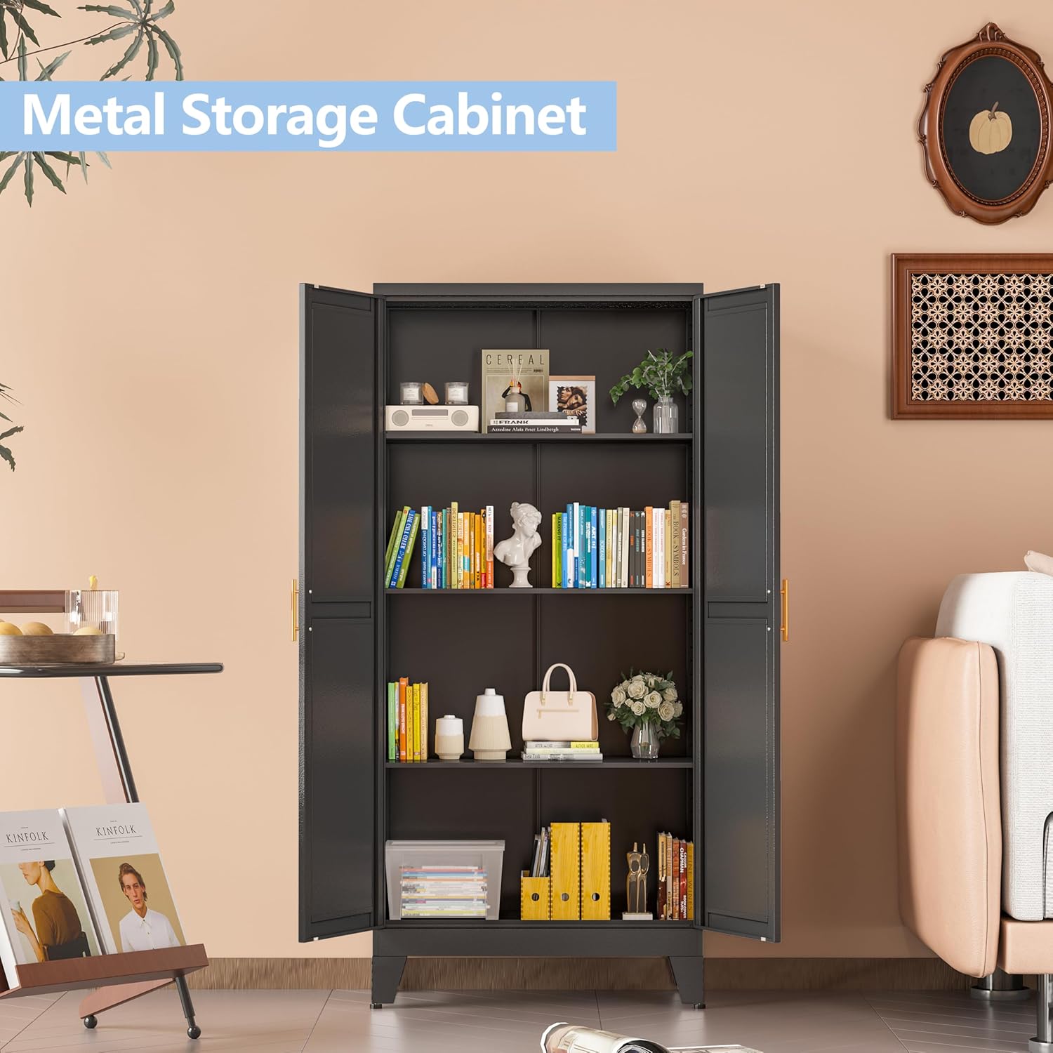 Black Metal Storage Cabinet, 48" Steel Cabinets for Home Office, Kitchen Pantry Storage Cabinet with Doors and 3 Adjustable Shelves, for Office, Home, Garage, School