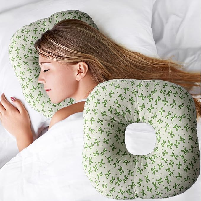 Ear Piercing Pillow for Side Sleepers, Pillow with an Ear Hole for CNH and Ear Pain Ear Inflammation Pressure Sores, O-Shaped Side Sleeping Pillow, Ear Guard Pillow(Green Flower)