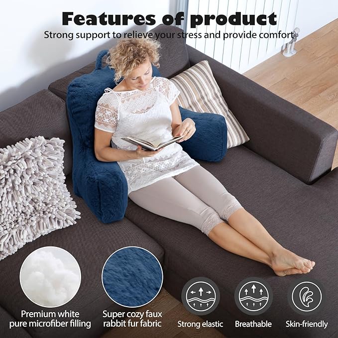 Reading Pillow Large Bed Pillow,Backrest with Arms, Back Support for Sitting Up in Bed, Couch for Lounging Bedrest,Blue