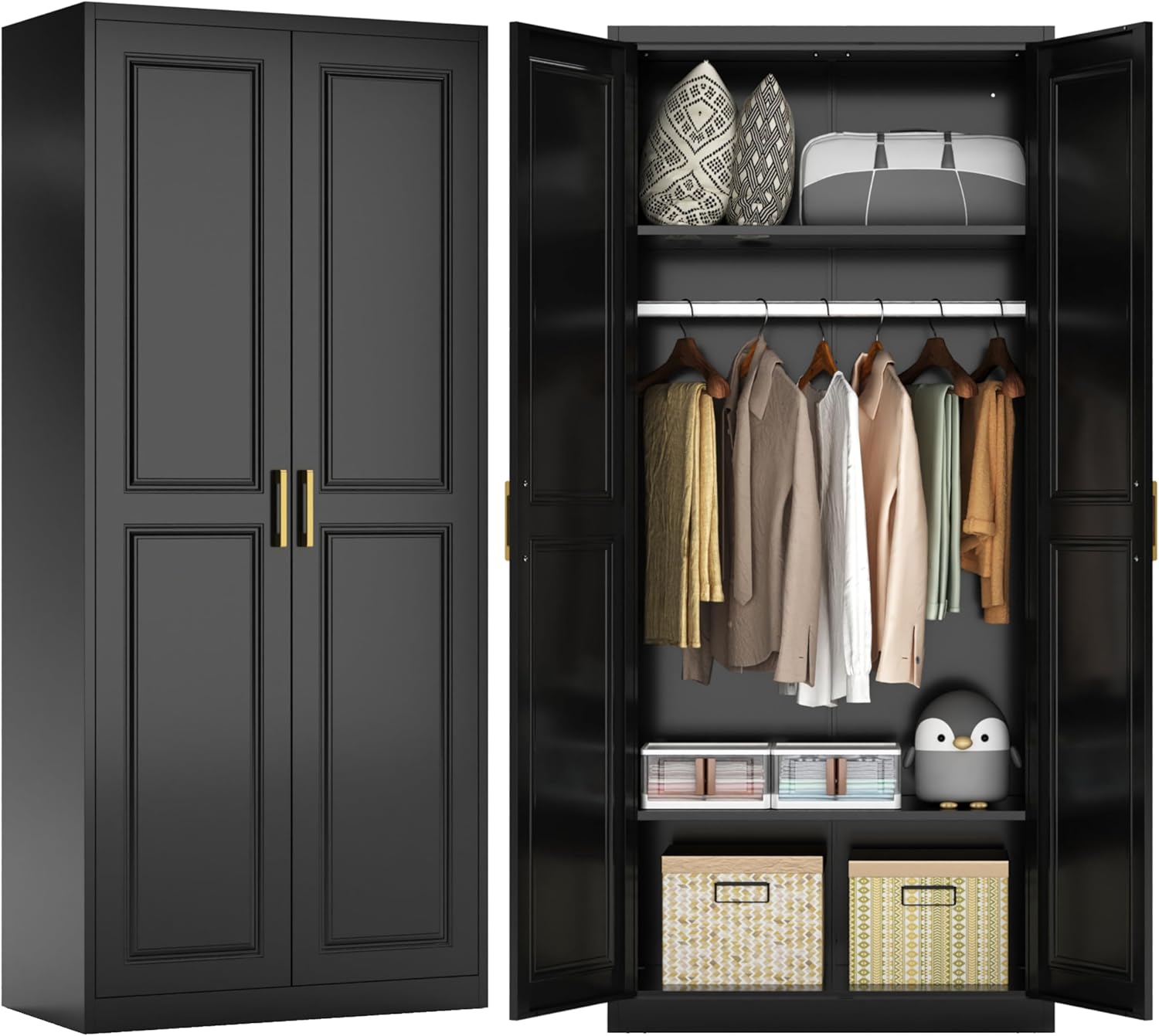 71" Metal Armoire Wardrobe Closet with 2 Doors, Tall Wardrobe Cabinet with Hanging Rod and Adjustable Shelves, Black Clothing Storage Cabinets for Bedroom, Laundry Room, Home Office