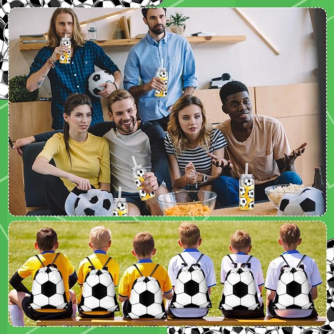 40 Pcs Soccer Party Favors 20 Pack Soccer Cups with Lid and Straw 14.2 oz Reusable Tumbler Clear Plastic Drinking Cups with 20 Pack Drawstring Bag for Birthday School Sport Decorations