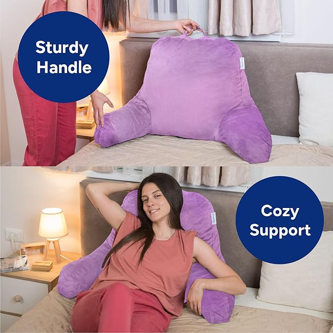 ComfortSpa Reading Pillow for Bed Adult Size, Back Rest Pillow with Arms, Pockets and Washable Cover; Use as a Back Pillow for Sitting in Bed for Bedrest or Relief from GERD Heartburn (XL Lavender)